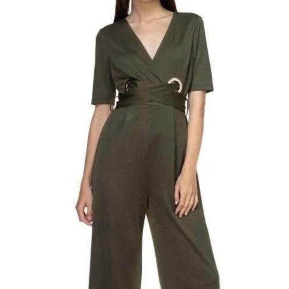 Dressy Jumpsuit with Grommet Belt in Olive